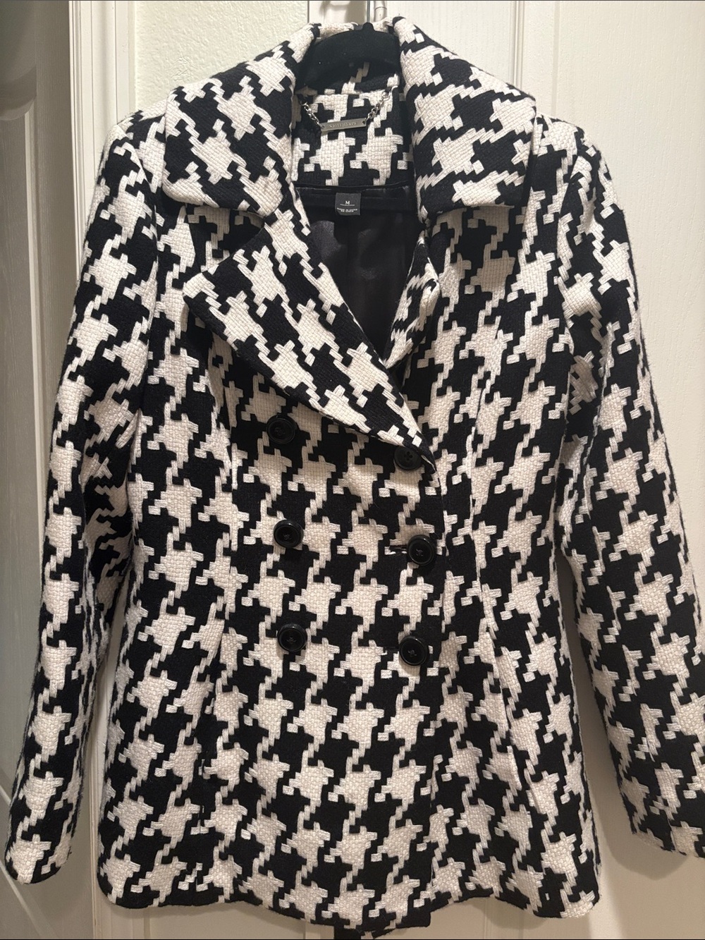 White House Black Market Black & White Houndstooth Double-Breasted Pea Coat